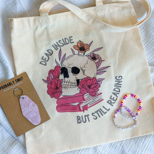 dead inside but still reading canvas tote