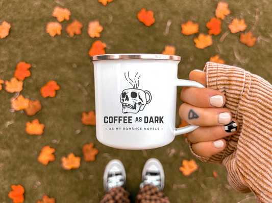 coffee as dark as my romance novels enamel mug