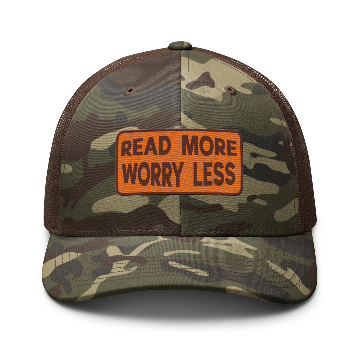 read more worry less camo trucker hat