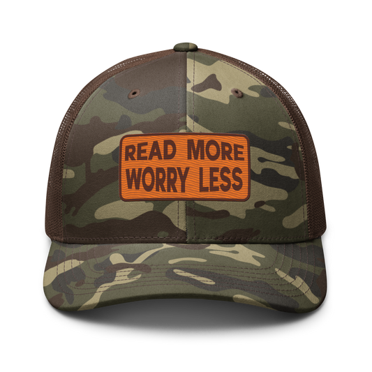 read more worry less camo trucker hat