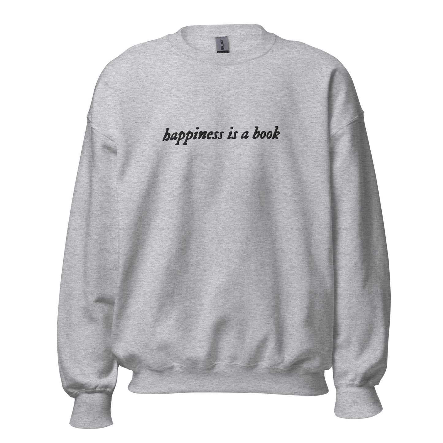 happiness is a book embroidered sweatshirt