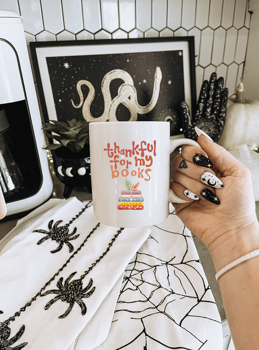 thankful for my books white mug