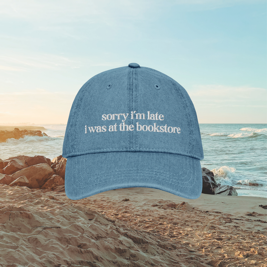 sorry I'm late denim hat