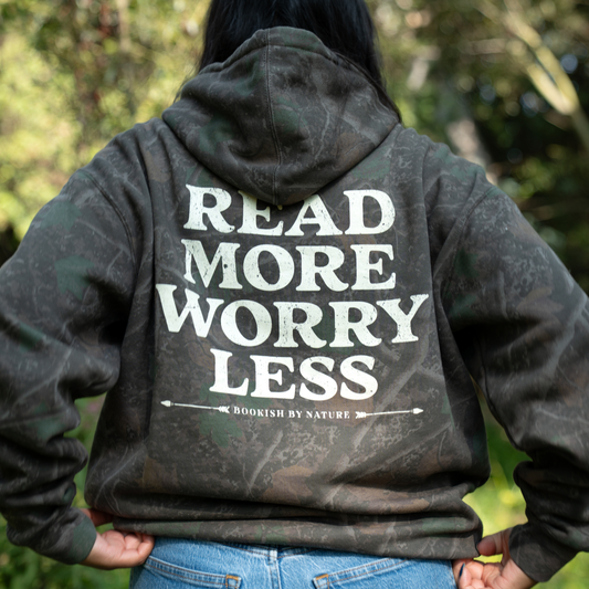 read more worry less camo hoodie