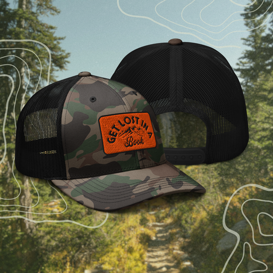 get lost in a book camo trucker hat