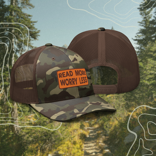 read more worry less camo trucker hat
