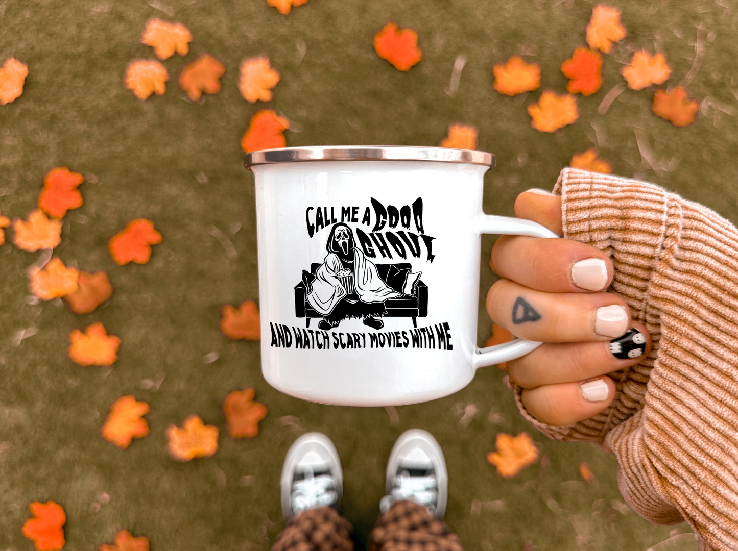 call me a good ghoul and watch scary movies with me enamel mug