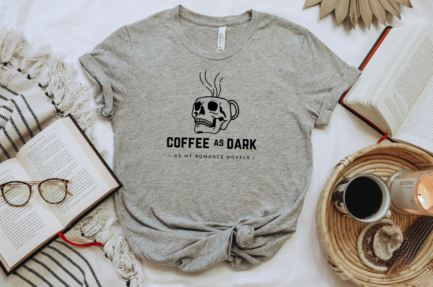 coffee as dark as my romance novels t-shirt